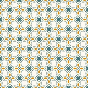Seventies style geometric flowers in aqua green and orange on creamy white - small