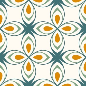 Seventies style geometric flowers in aqua green and orange on creamy white - xl
