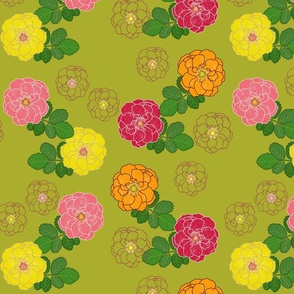 Granny's Rose Trellis - marigold, watermelon, lemon lime on chartreuse, medium to large 