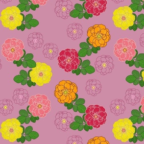 Granny's Rose Trellis - marigold, watermelon, lemon lime on dusky plum, medium to large 