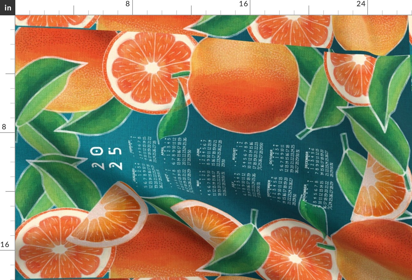 2025 Calendar Watercolor Oranges Tea Towel Wall Hanging