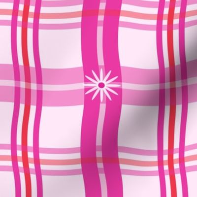 Pink  plaid gingham pattern  with wavy lines and daisies 