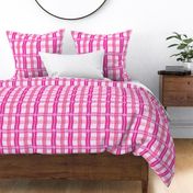 Pink  plaid gingham pattern  with wavy lines and daisies 