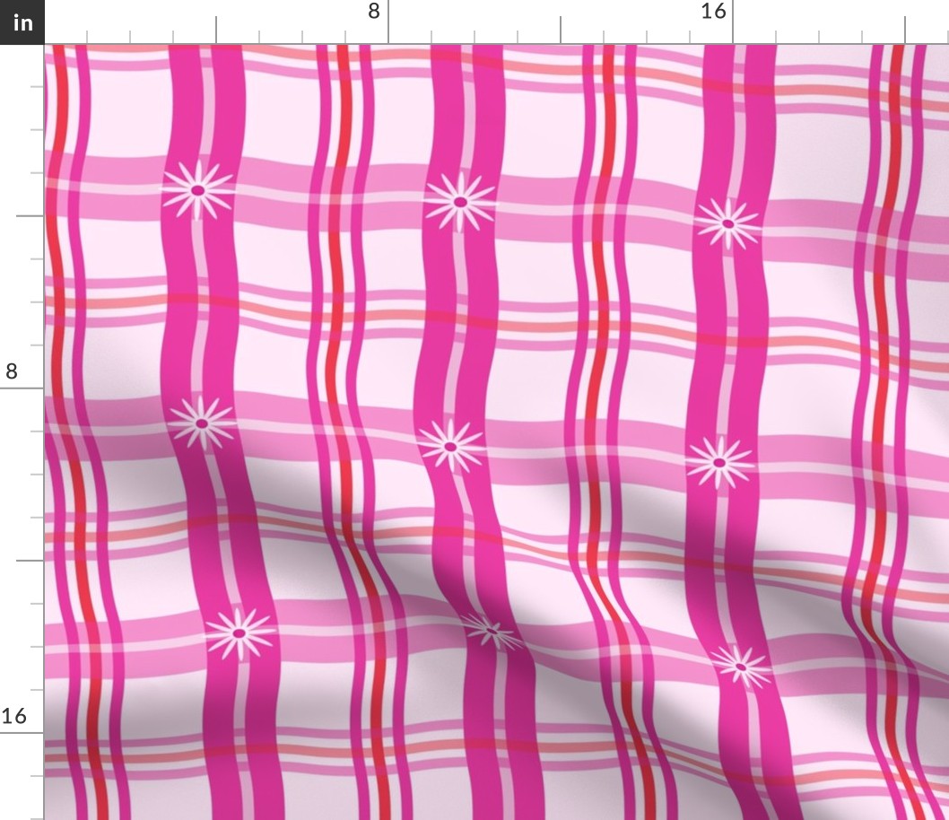 Pink  plaid gingham pattern  with wavy lines and daisies 