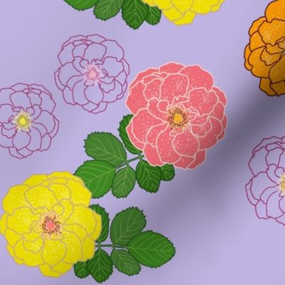 Granny's Rose Trellis - marigold, watermelon, lemon lime on lilac, medium to large 