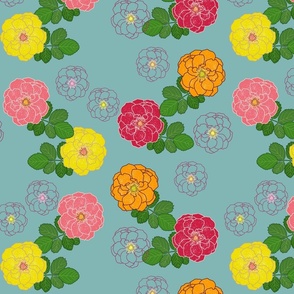 Granny's Rose Trellis - marigold, watermelon, lemon lime on sea glass, medium to large 