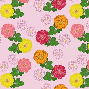 Granny's Rose Trellis - marigold, watermelon, lemon lime on blush pink, medium to large 