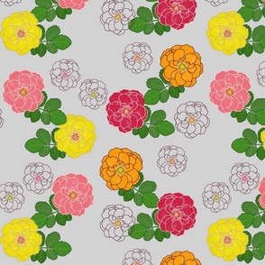 Granny's Rose Trellis - marigold, watermelon, lemon lime on silver grey, medium to large 