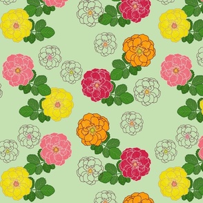 Granny's Rose Trellis - marigold, watermelon, lemon lime on celadon green, medium to large 