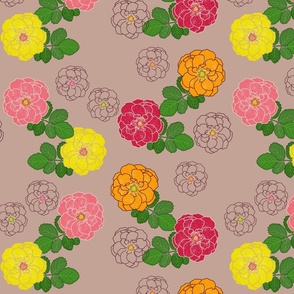 Granny's Rose Trellis - marigold, watermelon, lemon lime on greige, medium to large 