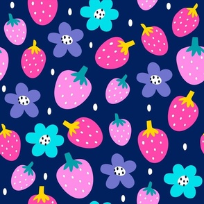 Blue, purple, pink strawberries and flowers, spring and summer fun