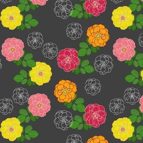 Granny's Rose Trellis #2 - marigold, watermelon, lemon lime on charcoal grey, medium to large 