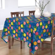 Granny's Rose Trellis #2 - marigold, watermelon, lemon lime on ocean blue, medium to large 