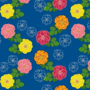 Granny's Rose Trellis #2 - marigold, watermelon, lemon lime on ocean blue, medium to large 