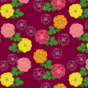 Granny's Rose Trellis #2 - marigold, watermelon, lemon lime on boysenberry pink, medium to large 