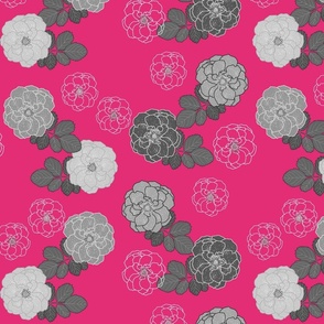 Granny's Rose Trellis - greyscale on hot pink magenta, medium to large 