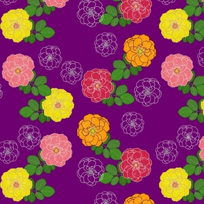 Granny's Rose Trellis #2 - marigold, watermelon, lemon lime on royal purple, medium to large 