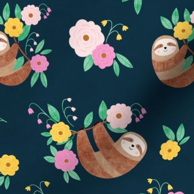 Blooming sloths in navy blue