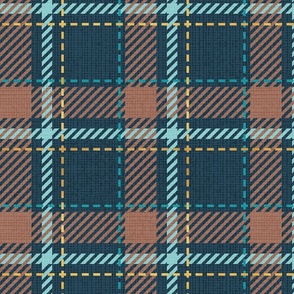 Normal scale // Reworked tartan cloth // nile blue background toast brown mint peacock blue and golden textured criss-crossed vertical and horizontal stripes