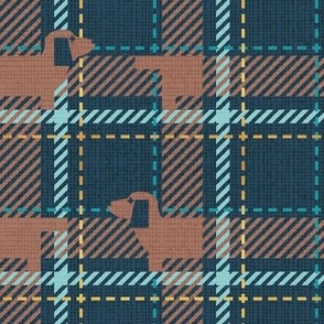 Small scale // Ta ta tartan doxie reworked tartan // nile blue background toast brown dachshund dog mint peacock blue and golden textured criss-crossed vertical and horizontal stripes