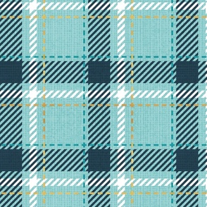 Normal scale // Reworked tartan cloth // mint background nile blue peacock blue white and golden textured criss-crossed vertical and horizontal stripes