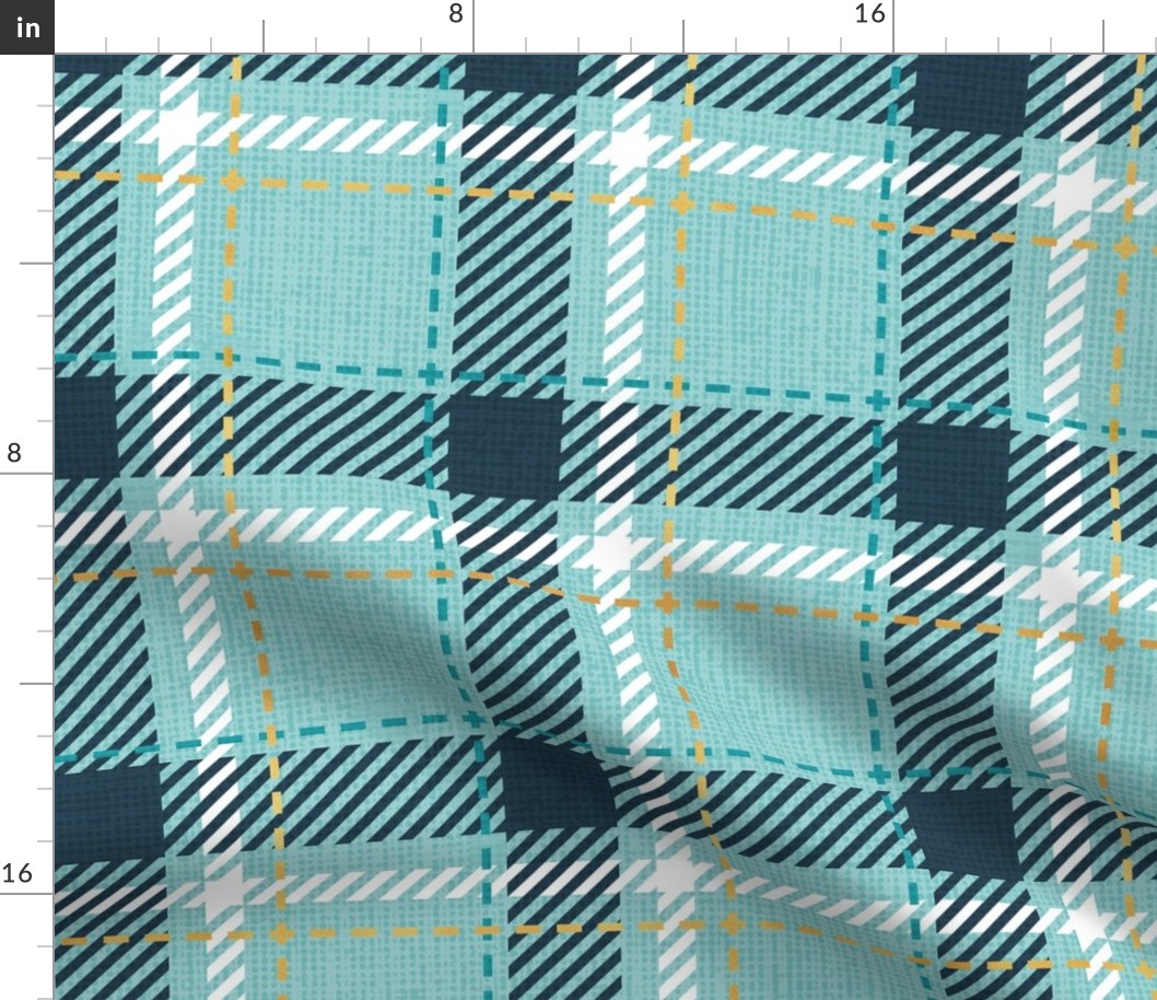 Normal scale // Reworked tartan cloth // mint background nile blue peacock blue white and golden textured criss-crossed vertical and horizontal stripes