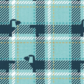 Normal scale // Ta ta tartan doxie reworked tartan // mint background nile blue dachshund dog peacock blue white and golden textured criss-crossed vertical and horizontal stripes