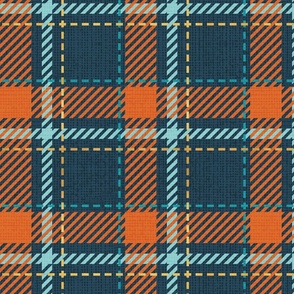 Normal scale // Reworked tartan cloth // nile blue background gold drop orange mint peacock blue and golden textured criss-crossed vertical and horizontal stripes