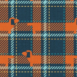 Normal scale // Ta ta tartan doxie reworked tartan // nile blue background gold drop orange dachshund dog mint peacock blue and golden textured criss-crossed vertical and horizontal stripes
