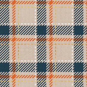 Normal scale // Reworked tartan cloth // greige background nile blue gold drop orange white and golden textured criss-crossed vertical and horizontal stripes