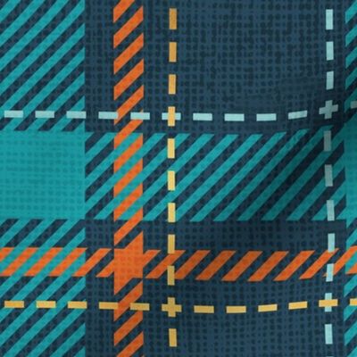 Normal scale // Reworked tartan cloth // nile blue background peacock blue mint gold drop orange and golden textured criss-crossed vertical and horizontal stripes