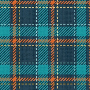 Normal scale // Reworked tartan cloth // nile blue background peacock blue mint gold drop orange and golden textured criss-crossed vertical and horizontal stripes