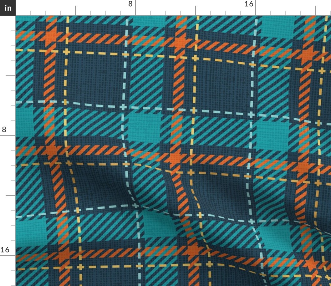 Normal scale // Reworked tartan cloth // nile blue background peacock blue mint gold drop orange and golden textured criss-crossed vertical and horizontal stripes