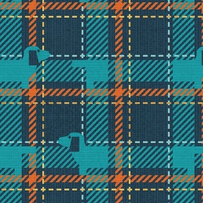 Normal scale // Ta ta tartan doxie reworked tartan // nile blue background peacock blue dachshund dog mint gold drop orange and golden textured criss-crossed vertical and horizontal stripes