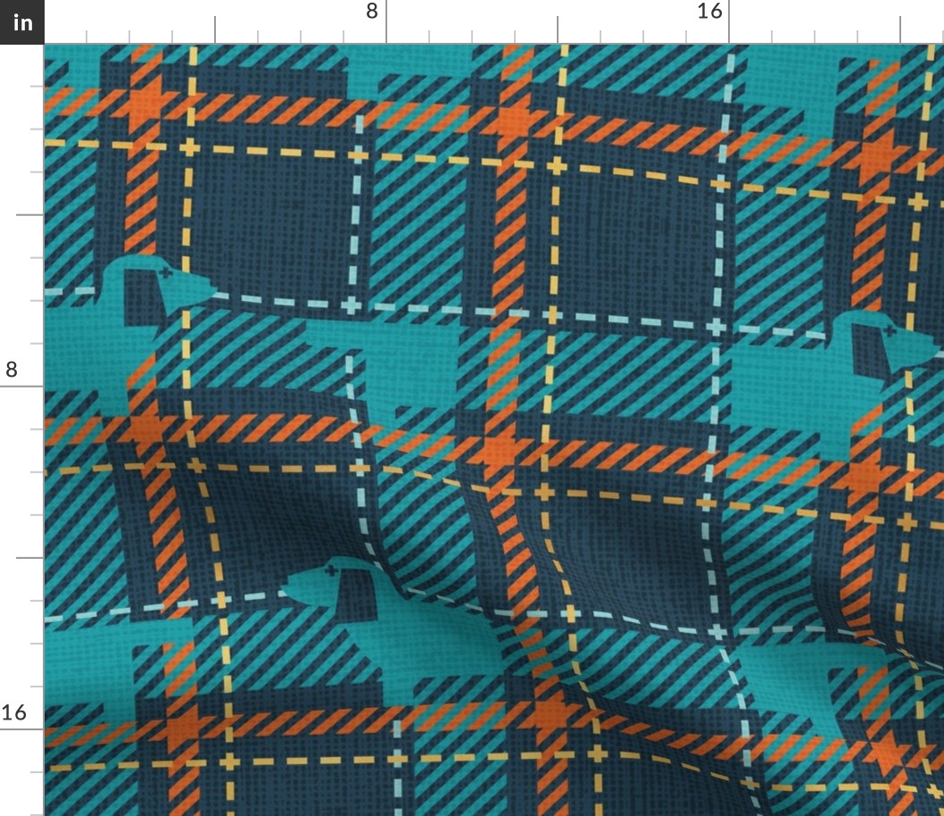 Normal scale // Ta ta tartan doxie reworked tartan // nile blue background peacock blue dachshund dog mint gold drop orange and golden textured criss-crossed vertical and horizontal stripes