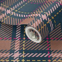 Normal scale // Reworked tartan cloth // nile blue background toast brown blush fuchsia pink and golden textured criss-crossed vertical and horizontal stripes
