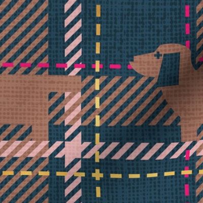 Normal scale // Ta ta tartan doxie reworked tartan // nile blue background toast brown dachshund dog blush fuchsia pink and golden textured criss-crossed vertical and horizontal stripes