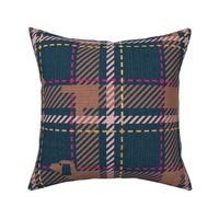 Normal scale // Ta ta tartan doxie reworked tartan // nile blue background toast brown dachshund dog blush fuchsia pink and golden textured criss-crossed vertical and horizontal stripes