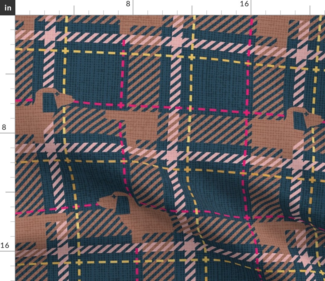 Normal scale // Ta ta tartan doxie reworked tartan // nile blue background toast brown dachshund dog blush fuchsia pink and golden textured criss-crossed vertical and horizontal stripes