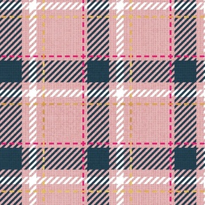 Normal scale // Reworked tartan cloth // blush pink background nile blue fuchsia pink white and golden textured criss-crossed vertical and horizontal stripes