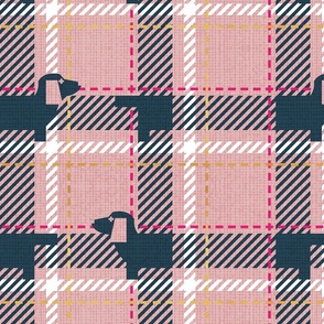 Normal scale // Ta ta tartan doxie reworked tartan // blush pink background nile blue dachshund dog fuchsia pink white and golden textured criss-crossed vertical and horizontal stripes