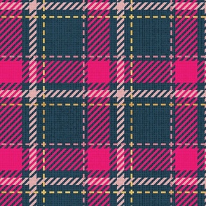 Normal scale // Reworked tartan cloth // nile blue background fuchsia pink carissma blush pink and golden textured criss-crossed vertical and horizontal stripes