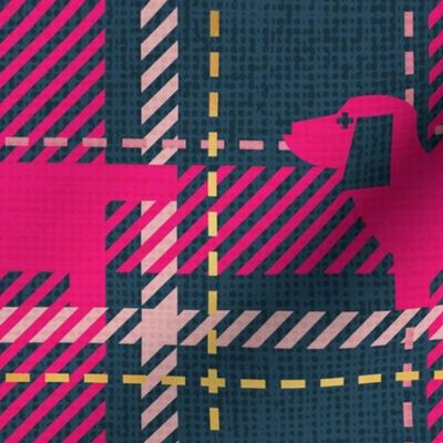 Normal scale // Ta ta tartan doxie reworked tartan // nile blue background fuchsia pink dachshund dog carissma blush pink and golden textured criss-crossed vertical and horizontal stripes