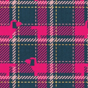 Normal scale // Ta ta tartan doxie reworked tartan // nile blue background fuchsia pink dachshund dog carissma blush pink and golden textured criss-crossed vertical and horizontal stripes