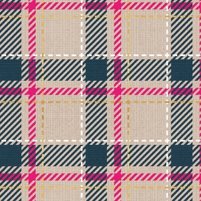 Normal scale // Reworked tartan cloth // greige background nile blue fuchsia pink white and golden textured criss-crossed vertical and horizontal stripes