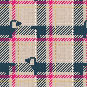 Normal scale // Ta ta tartan doxie reworked tartan // greige background nile blue dachshund dog fuchsia pink white and golden textured criss-crossed vertical and horizontal stripes