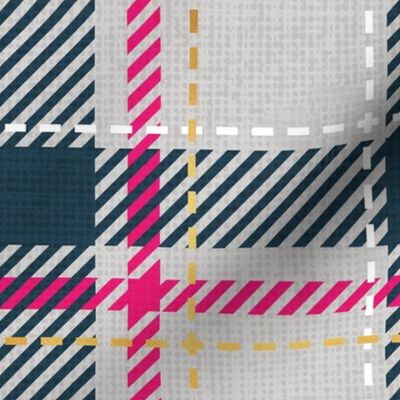 Normal scale // Reworked tartan cloth // light grey background nile blue fuchsia pink white and golden textured criss-crossed vertical and horizontal stripes