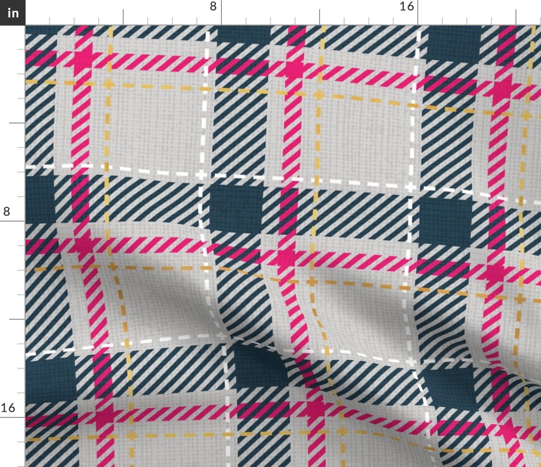 Normal scale // Reworked tartan cloth // light grey background nile blue fuchsia pink white and golden textured criss-crossed vertical and horizontal stripes