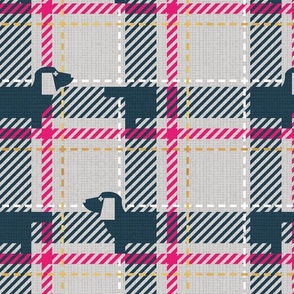 Normal scale // Ta ta tartan doxie reworked tartan // light grey background nile blue dachshund dog fuchsia pink white and golden textured criss-crossed vertical and horizontal stripes