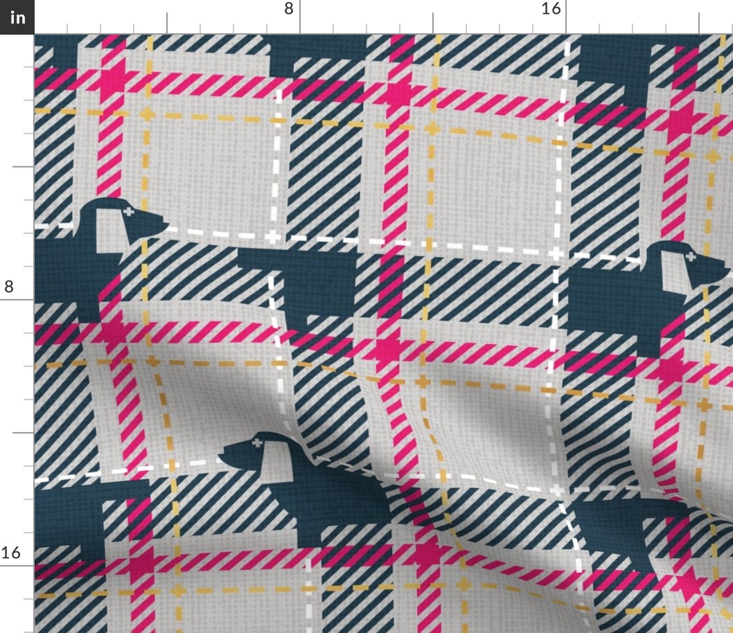 Normal scale // Ta ta tartan doxie reworked tartan // light grey background nile blue dachshund dog fuchsia pink white and golden textured criss-crossed vertical and horizontal stripes